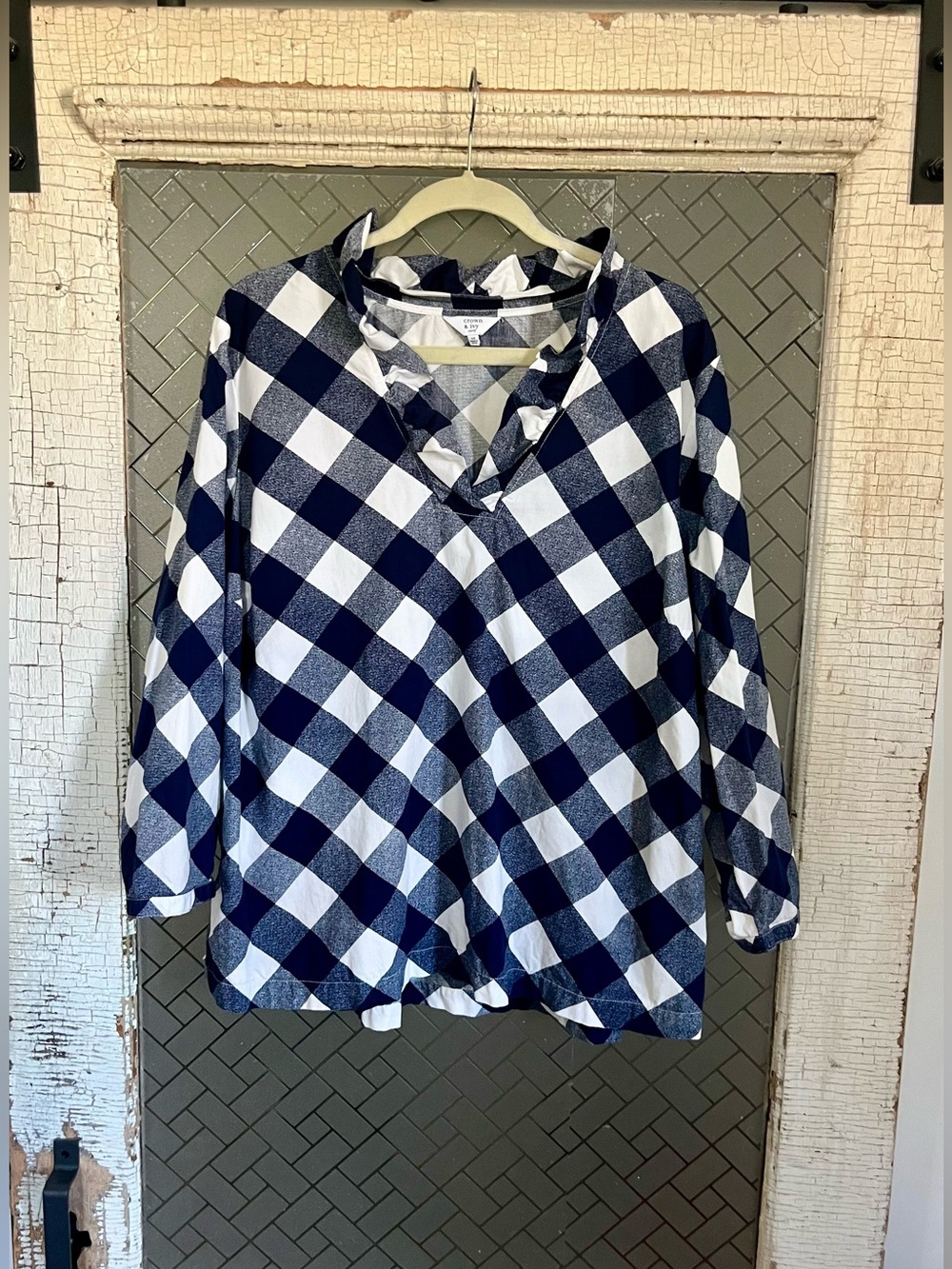crown & ivy Navy and White Buffalo Check V-Neck Tunic